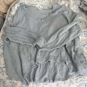 Pink Rose Light Blue Waffle Knit Long Sleeve Top